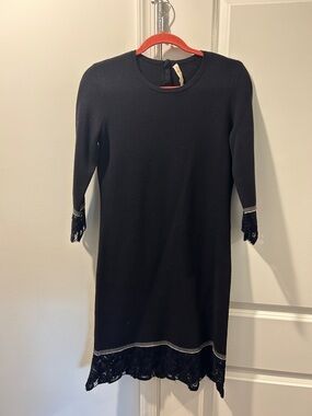 Tory Burch Black Long-Sleeve Knit Dress with Lace Trim